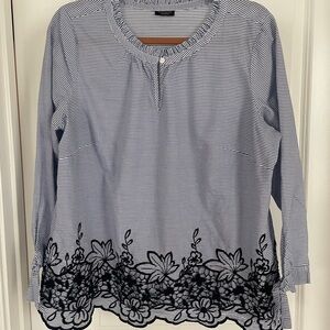 Talbots Blue Striped Blouse with Black Lace